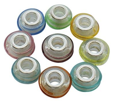 Бусины Пандора, стеклянные, серебристые со спиральным рисунком, разных цветов, 14х10 mm