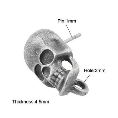 Сережки-гвоздики в форме черепа, серебристые, 16х9 mm