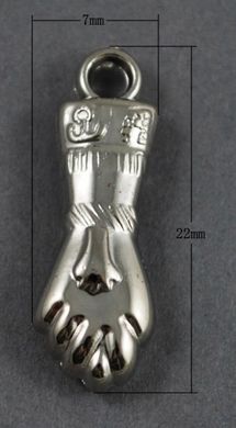 Кулон металлизированный, цвета никеля, в форме руки, сложенной в кукиш (дуля), от сглаза, 22х7х4 mm
