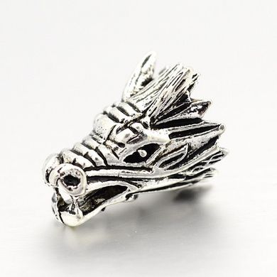 Намистина металева у формі голова дракона, срібляста, лита, 17х11 mm