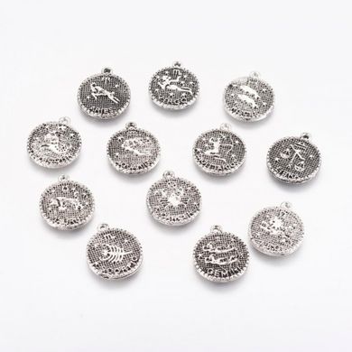 Кулони металеві у вигляді знаків Зодіаку, сріблясті, діам 16 мм