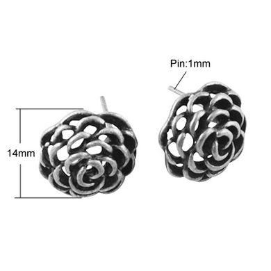 Сережки-гвоздики литые, серебристые, в форме розы, 14х14 mm